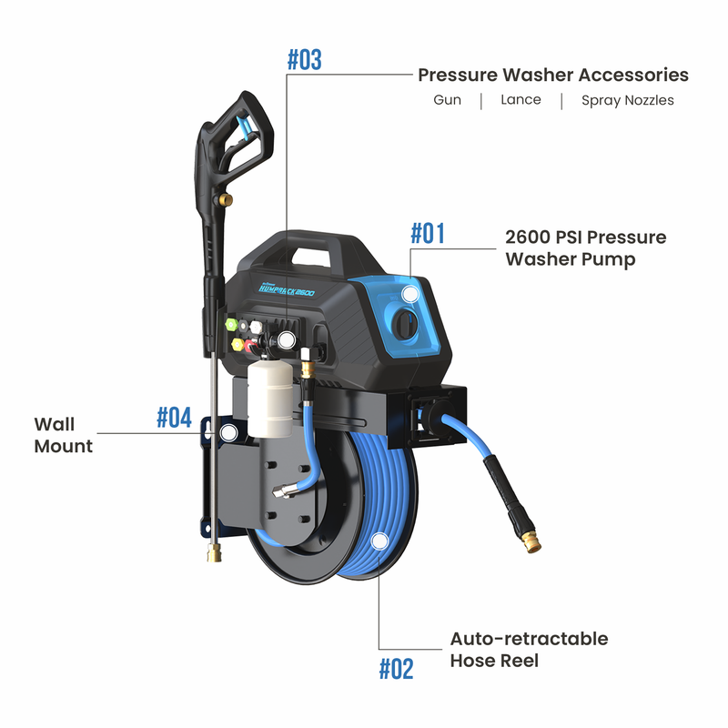 Blu Shield HumpBack 2600PSI All-in-One Pressure Washer System, Auto-Retractable Hose Reel, Industrial Pump, Accessories Blu Shield HumpBack 2600PSI All-in-One Pressure Washer System, Auto-Retractable Hose Reel, Industrial Pump, Accessories