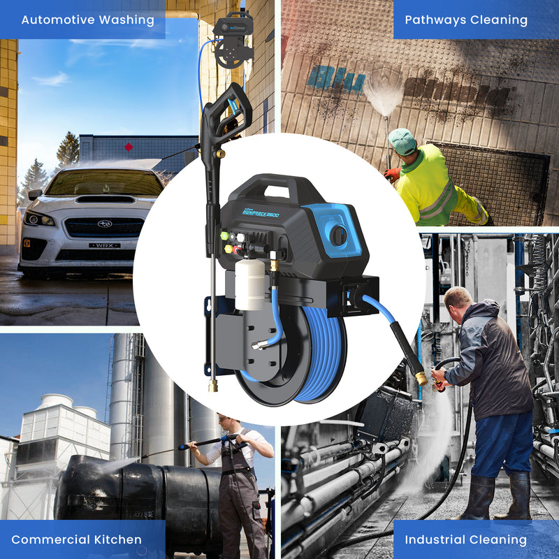 Blu Shield HumpBack 2600PSI All-in-One Pressure Washer System, Auto-Retractable Hose Reel, Industrial Pump, Accessories Blu Shield HumpBack 2600PSI All-in-One Pressure Washer System, Auto-Retractable Hose Reel, Industrial Pump, Accessories