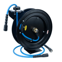 BluShield Slayer Hybrid Pressure Washing Hose Reel 6mm x 10m Blue – Single Arm Auto Retractable Wall Mount Reel with M22 Fittings, 3500 PSI, Non-Marking, Kink-Resistant