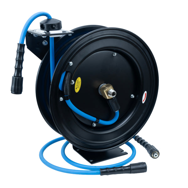 BluShield Slayer Hybrid Pressure Washing Hose Reel 6mm x 20m Blue – Single Arm Auto Retractable Wall Mount Reel with M22 Fittings, 3500 PSI, Non-Marking, Kink-Resistant