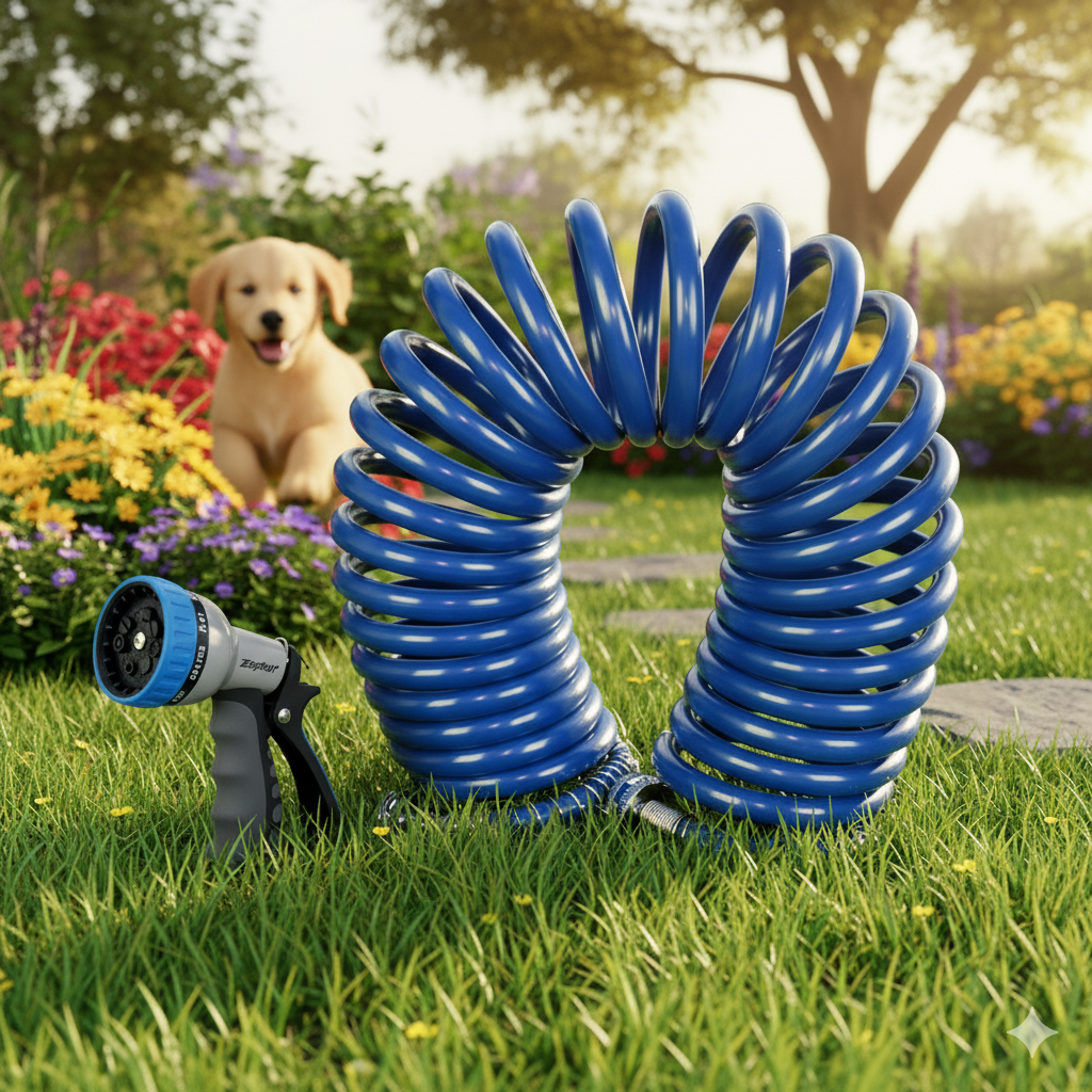 Zephyr Lightweight Pet Wash Recoil Hose with 9-Mode Spray Nozzle for Pet Bath & Balcony Use (10 mm × 15 M) Compact
