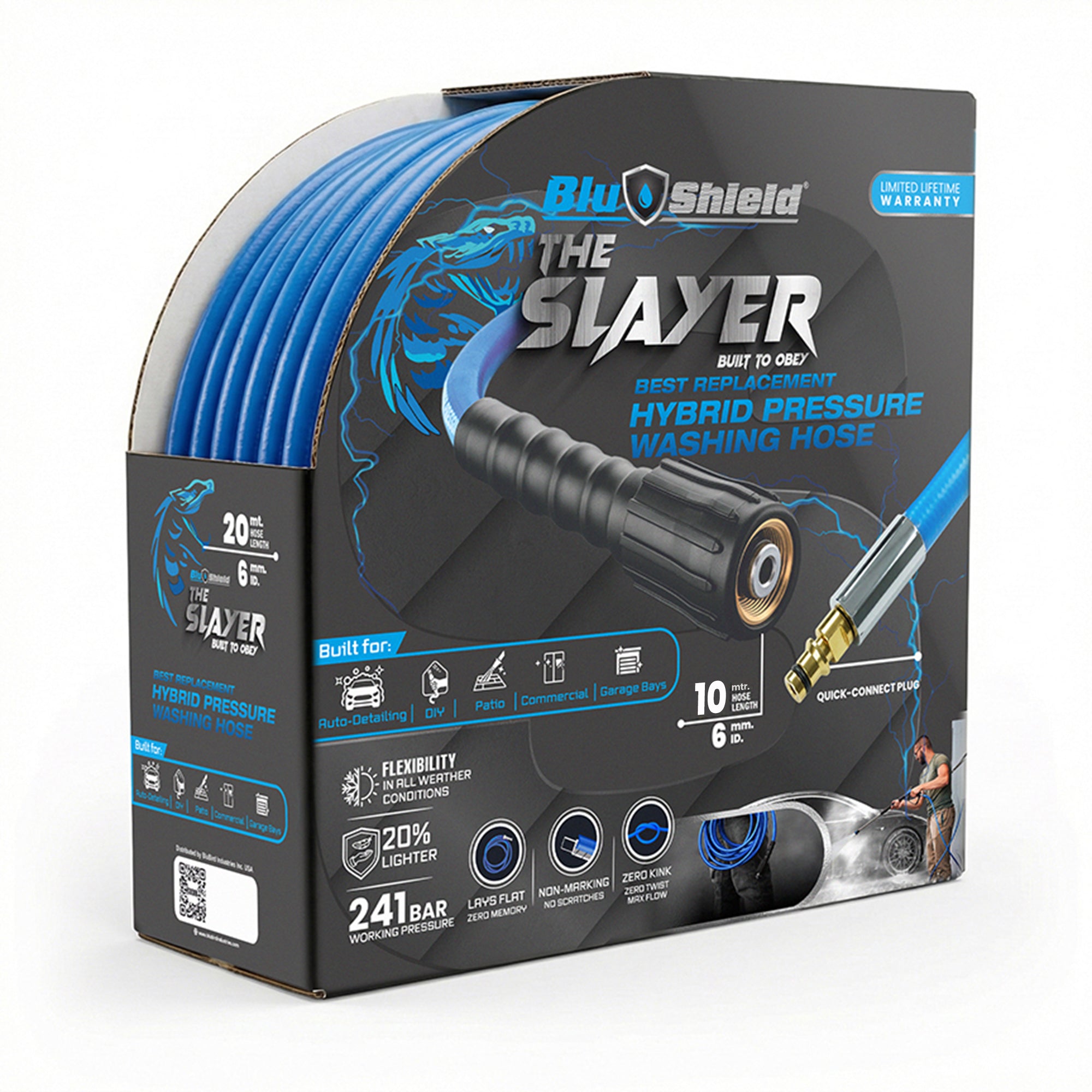 Blu Shield The Slayer Hybrid Pressure Washing Hose 6mm (1/4") x 10m Blue with M22 & Quick Connect – 242 Bar, Non-Marking, Kink-Resistant