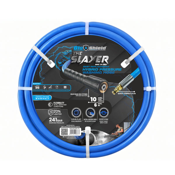 Blu Shield The Slayer Hybrid Pressure Washing Hose 6mm (1/4") x 10m Blue with M22 & Quick Connect – 242 Bar, Non-Marking, Kink-Resistant