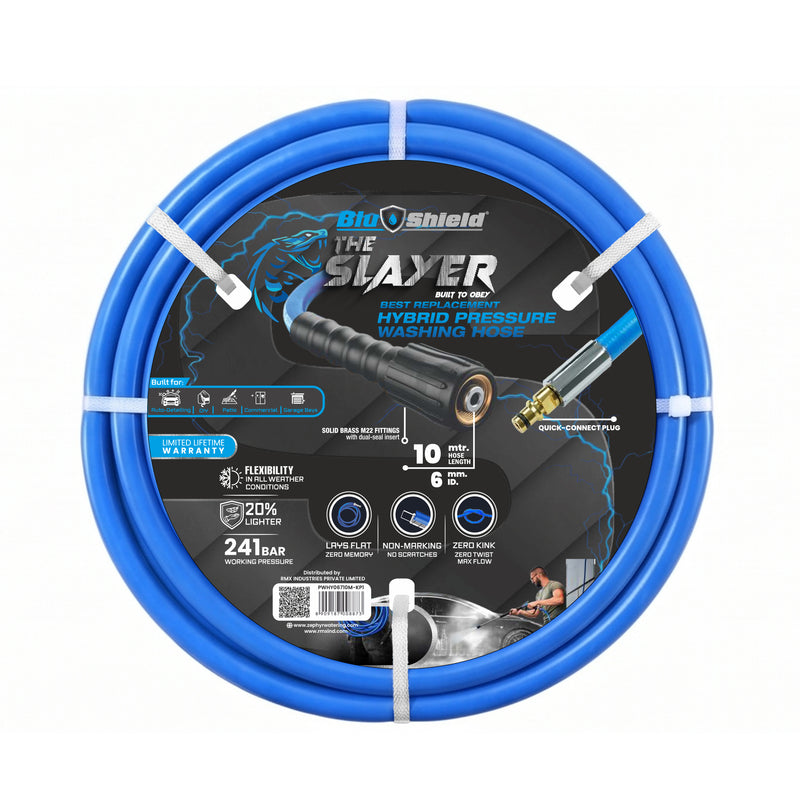 Blu Shield The Slayer Hybrid Pressure Washing Hose 6mm (1/4") x 10m Blue with M22 & Quick Connect – 242 Bar, Non-Marking, Kink-Resistant