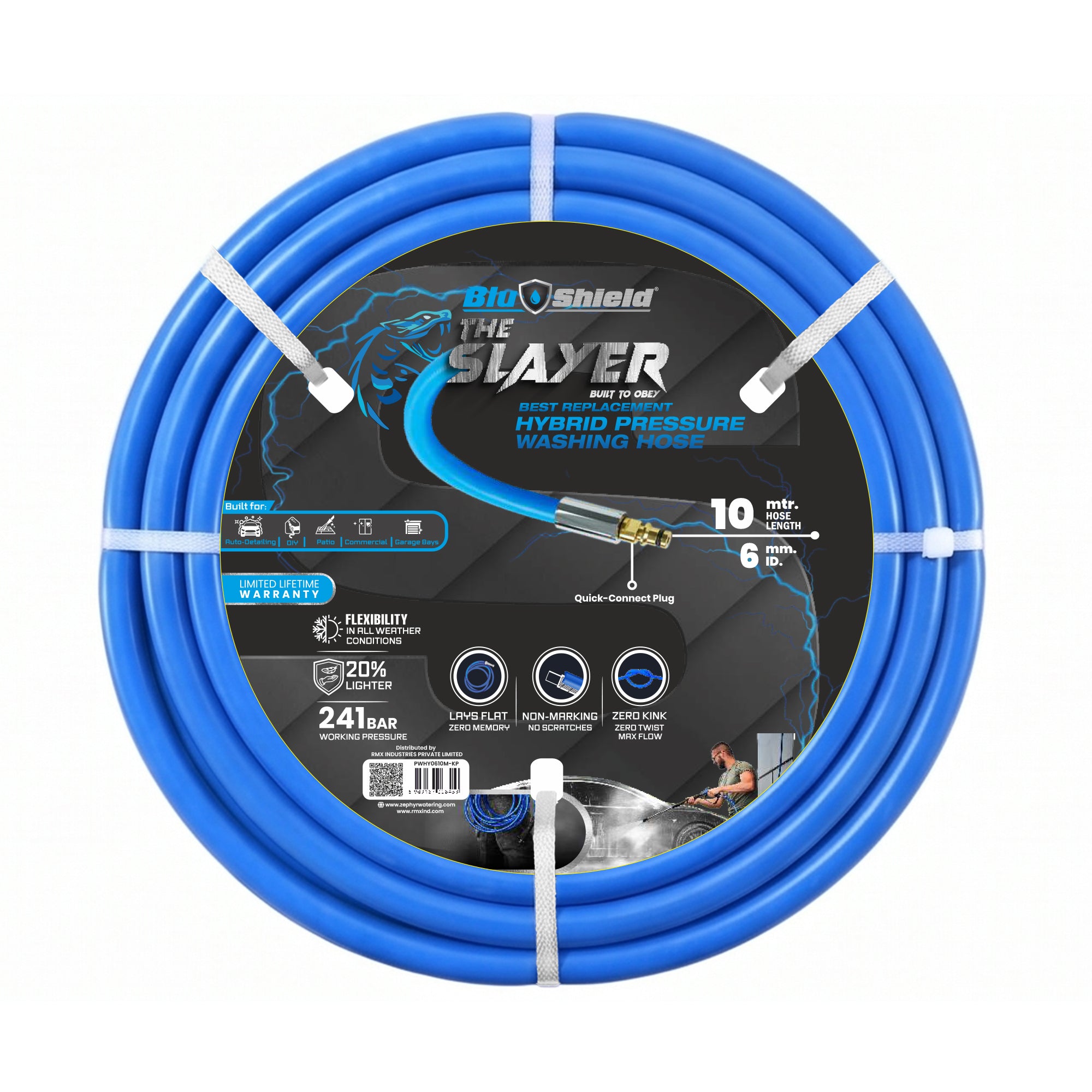 Zephyr Blu Shield The Slayer Hybrid Pressure Washer Hose 06mm (1/4") × 10m – Quick Connect, 242 Bar, Non-Marking, Kink-Resistant