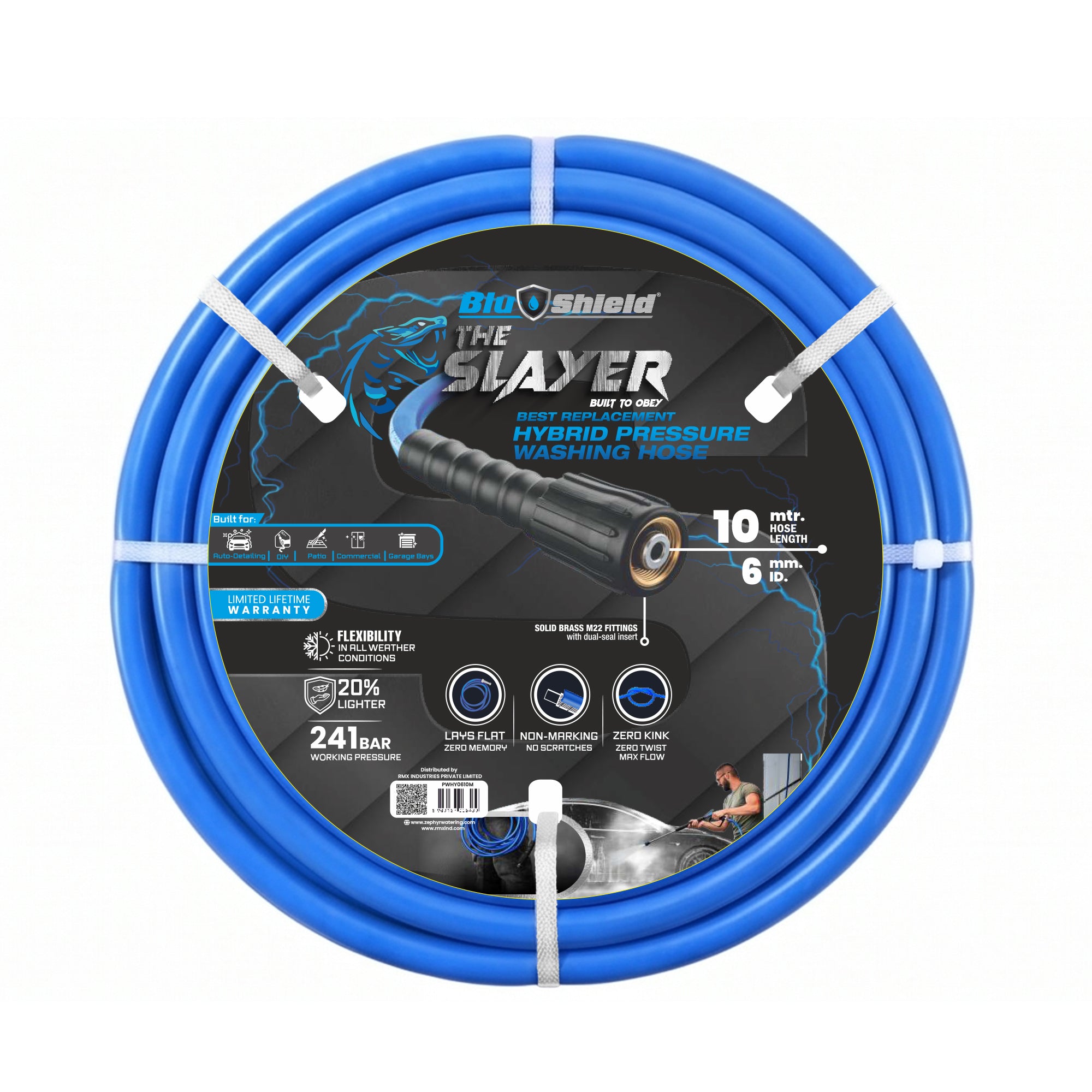 Blu Shield The Slayer Hybrid Pressure Washing Hose 6mm (1/4")  x 10m Blue with M22 Connectors – 242 Bar, Non-Marking, Kink-Resistant