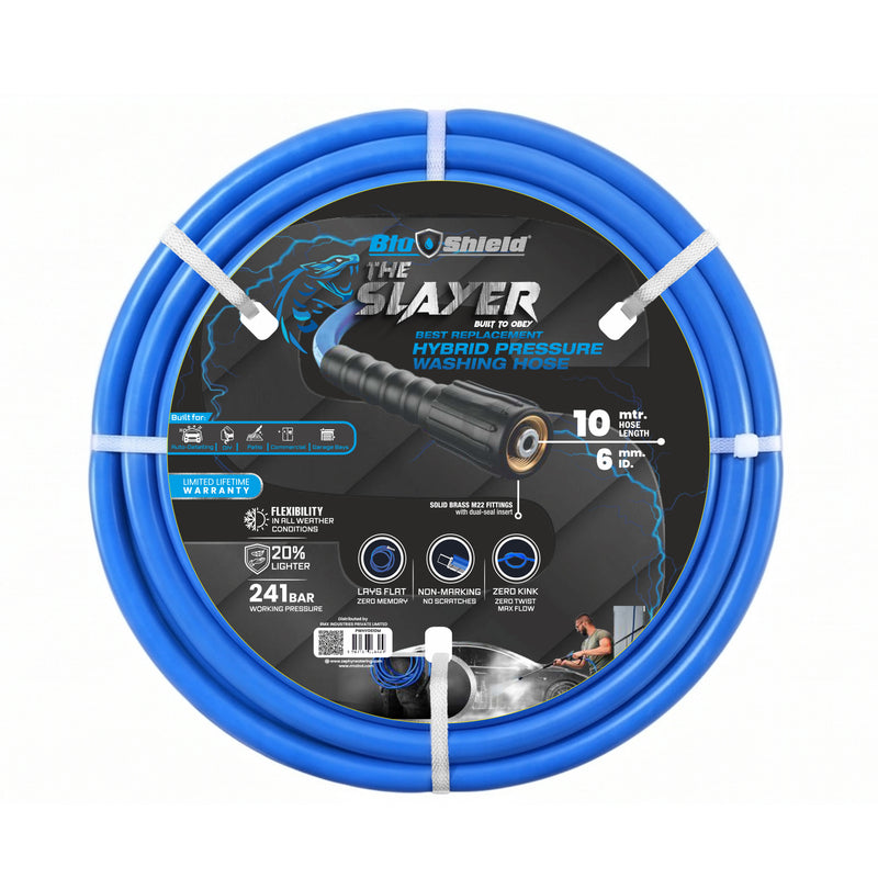 Blu Shield The Slayer Hybrid Pressure Washing Hose 6mm (1/4")  x 10m Blue with M22 Connectors – 242 Bar, Non-Marking, Kink-Resistant