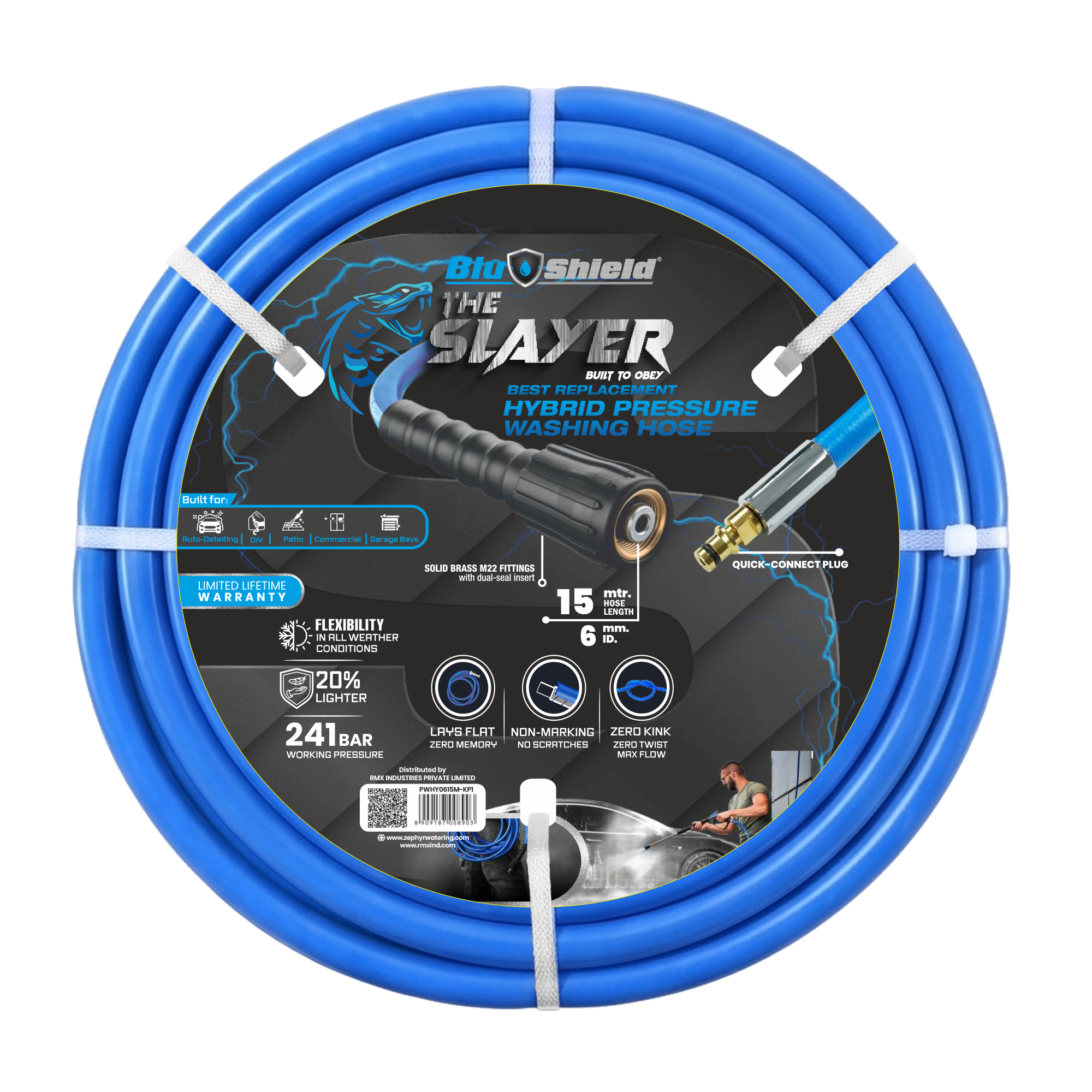 Zephyr Blu Shield The Slayer Hybrid Pressure Washer Hose 06mm (1/4") ×1 5 m – M22 & Quick Connect, 242 Bar, Non-Marking, Kink-Resistant