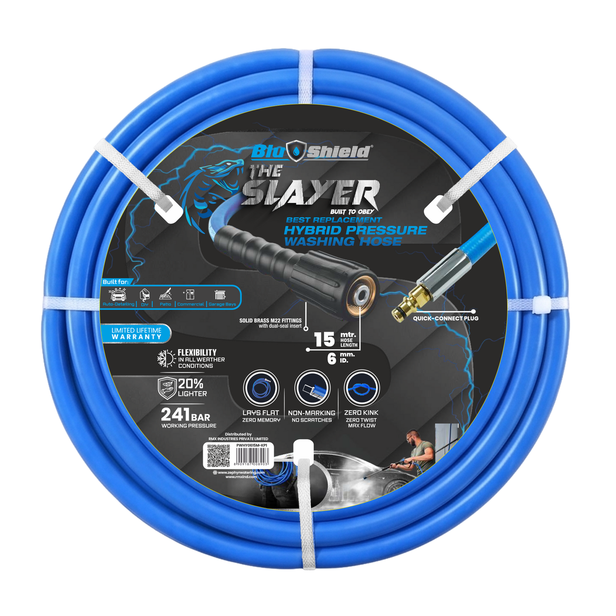 Zephyr Blu Shield The Slayer Hybrid Pressure Washer Hose 06mm (1/4") ×1 5 m – M22 & Quick Connect, 242 Bar, Non-Marking, Kink-Resistant