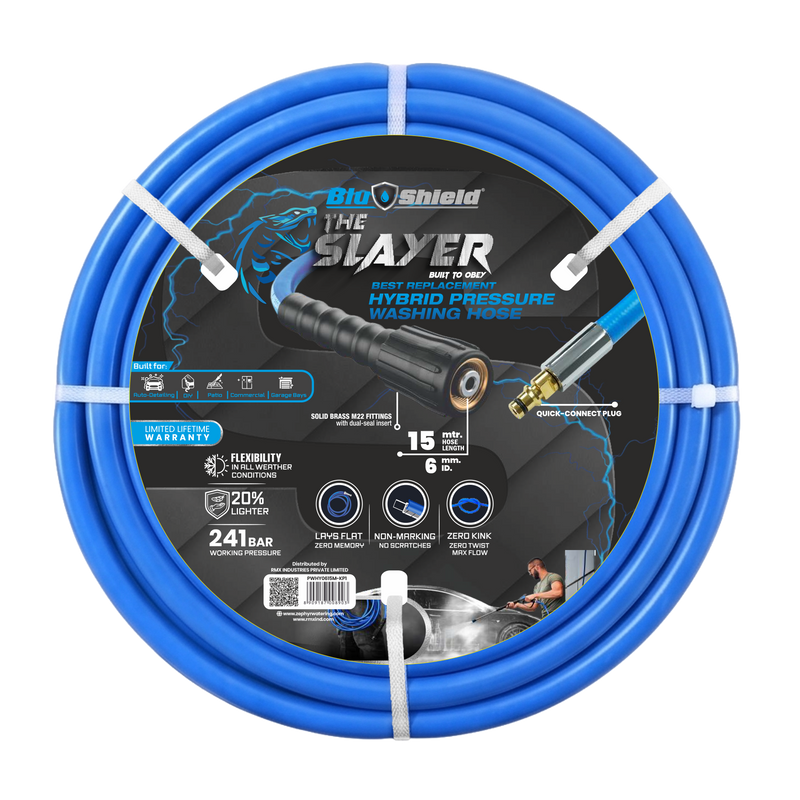 Zephyr Blu Shield The Slayer Hybrid Pressure Washer Hose 06mm (1/4") ×1 5 m – M22 & Quick Connect, 242 Bar, Non-Marking, Kink-Resistant