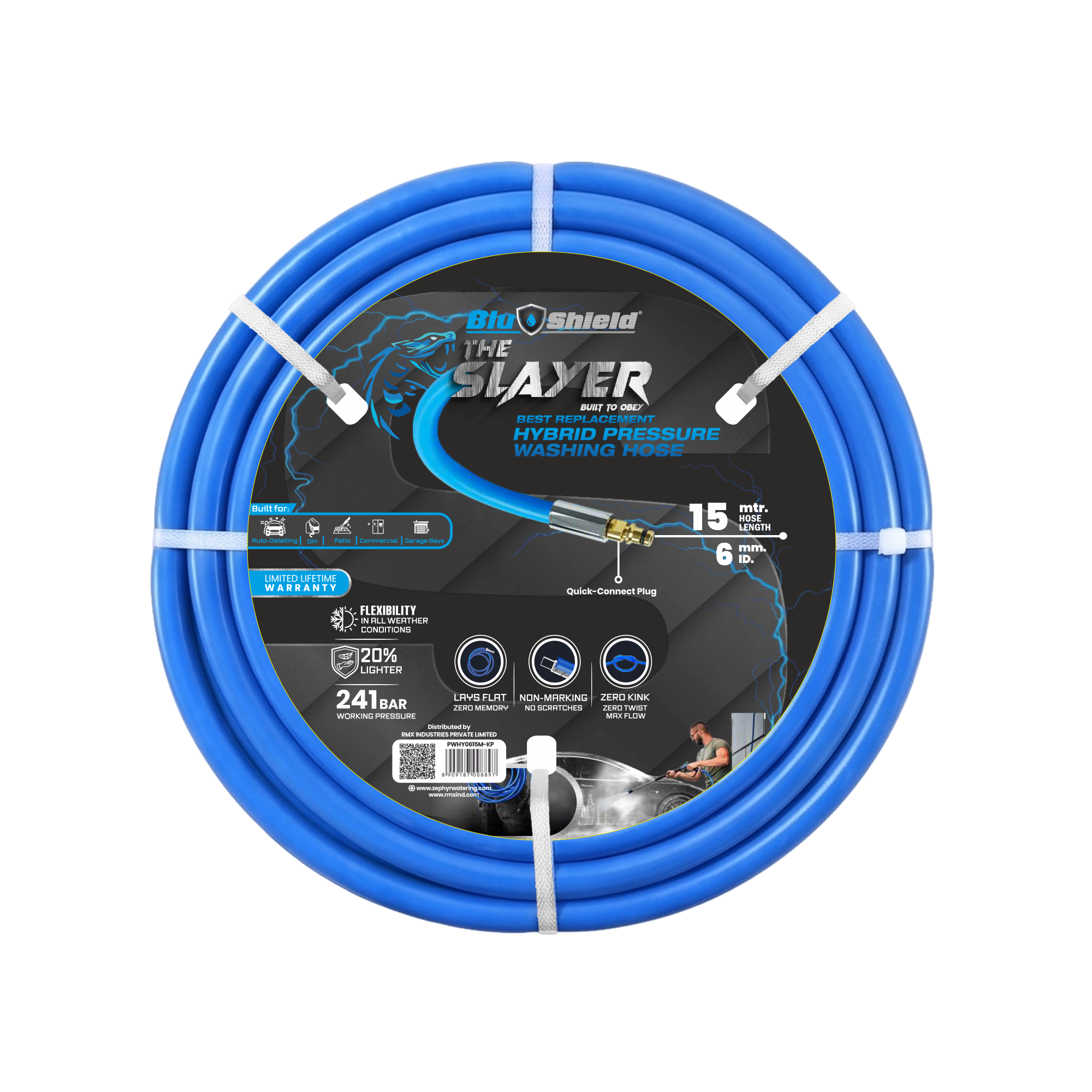 Blu Shield The Slayer Hybrid Pressure Washing Hose 6mm (1/4") x 15m Blue with Quick Connect – 242 Bar, Non-Marking, Kink-Resistant