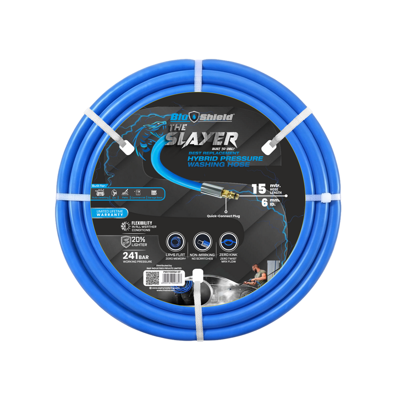 Blu Shield The Slayer Hybrid Pressure Washing Hose 6mm (1/4") x 15m Blue with Quick Connect – 242 Bar, Non-Marking, Kink-Resistant