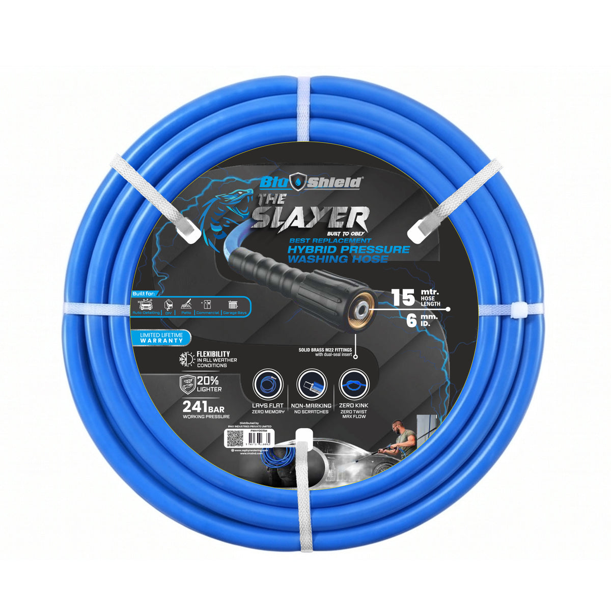 Zephyr Blu Shield The Slayer Hybrid Pressure Washer Hose 06mm (1/4") × 15 m – M22 Connectors, 242 Bar, Non-Marking, Kink-Resistant