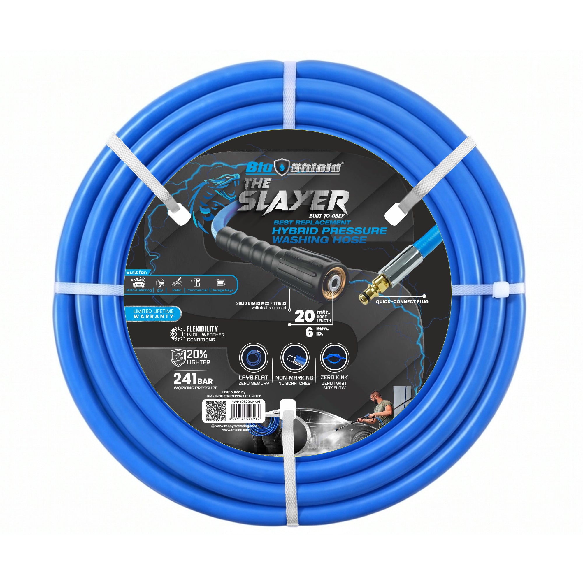 Blu Shield The Slayer Hybrid Pressure Washing Hose 6mm (1/4") x 20m Blue with M22 & Quick Connect – 242 Bar, Non-Marking, Kink-Resistant
