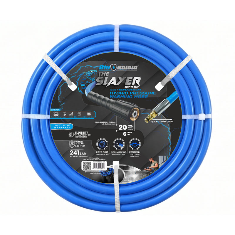 Blu Shield The Slayer Hybrid Pressure Washing Hose 6mm (1/4") x 20m Blue with M22 & Quick Connect – 242 Bar, Non-Marking, Kink-Resistant