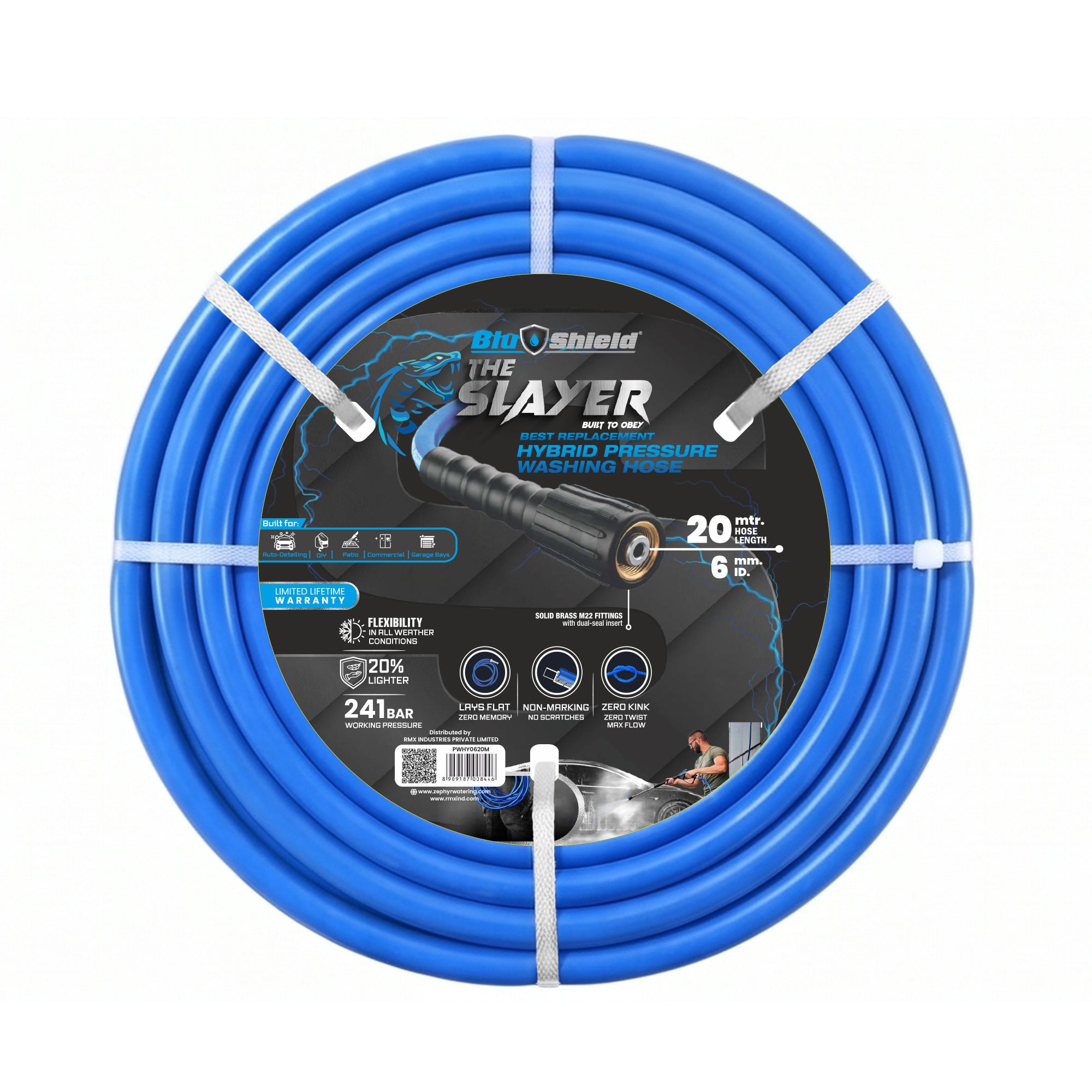 Blu Shield The Slayer Hybrid Pressure Washing Hose 6mm (1/4") x 20m Blue with M22 Connectors – 242 Bar, Non-Marking, Kink-Resistant