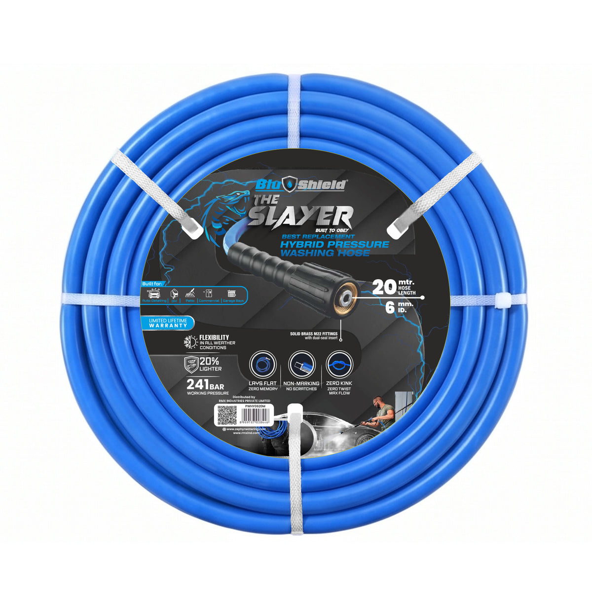 Blu Shield The Slayer Hybrid Pressure Washing Hose 6mm (1/4") x 20m Blue with M22 Connectors – 242 Bar, Non-Marking, Kink-Resistant