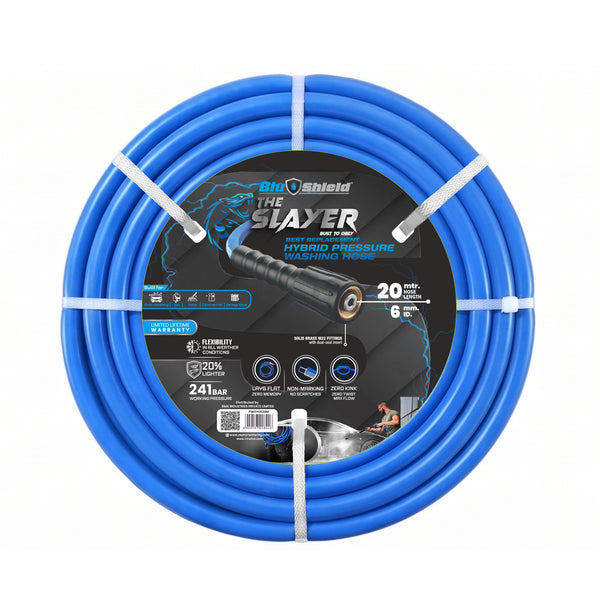 Blu Shield The Slayer Hybrid Pressure Washing Hose 6mm (1/4") x 20m Blue with M22 Connectors – 242 Bar, Non-Marking, Kink-Resistant