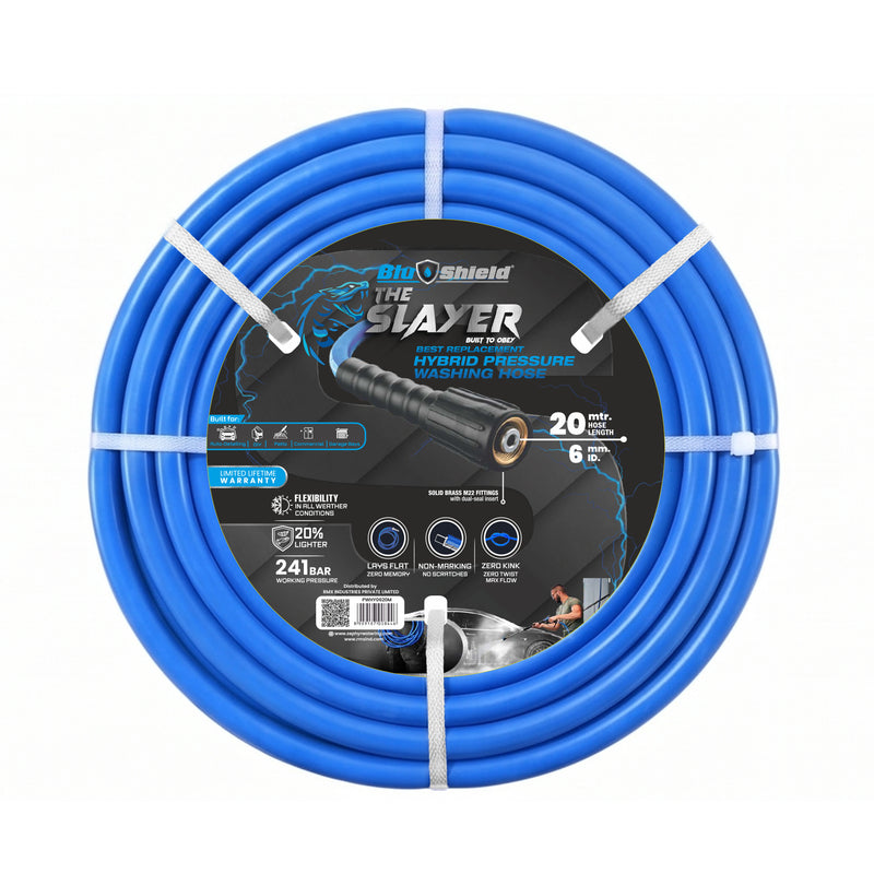 Blu Shield The Slayer Hybrid Pressure Washing Hose 6mm (1/4") x 20m Blue with M22 Connectors – 242 Bar, Non-Marking, Kink-Resistant