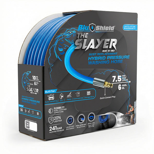 Blu Shield The Slayer Hybrid Pressure Washing Hose 6mm (1/4") x 7.5m (1/4" x 25') Blue with Quick Connect – 242 Bar, Non-Marking, Kink-Resistant