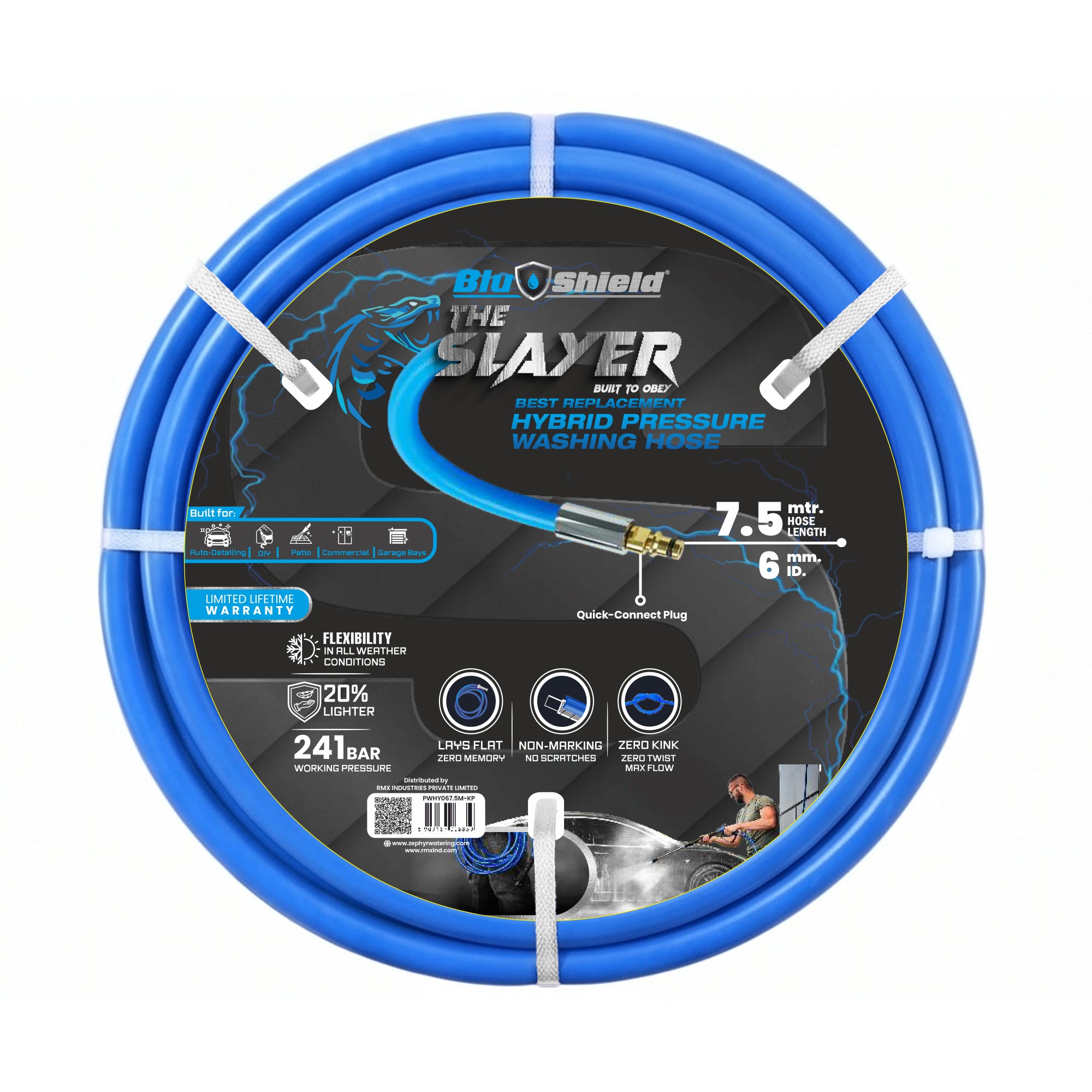 Blu Shield The Slayer Hybrid Pressure Washing Hose 6mm (1/4") x 7.5m (1/4" x 25') Blue with Quick Connect – 242 Bar, Non-Marking, Kink-Resistant