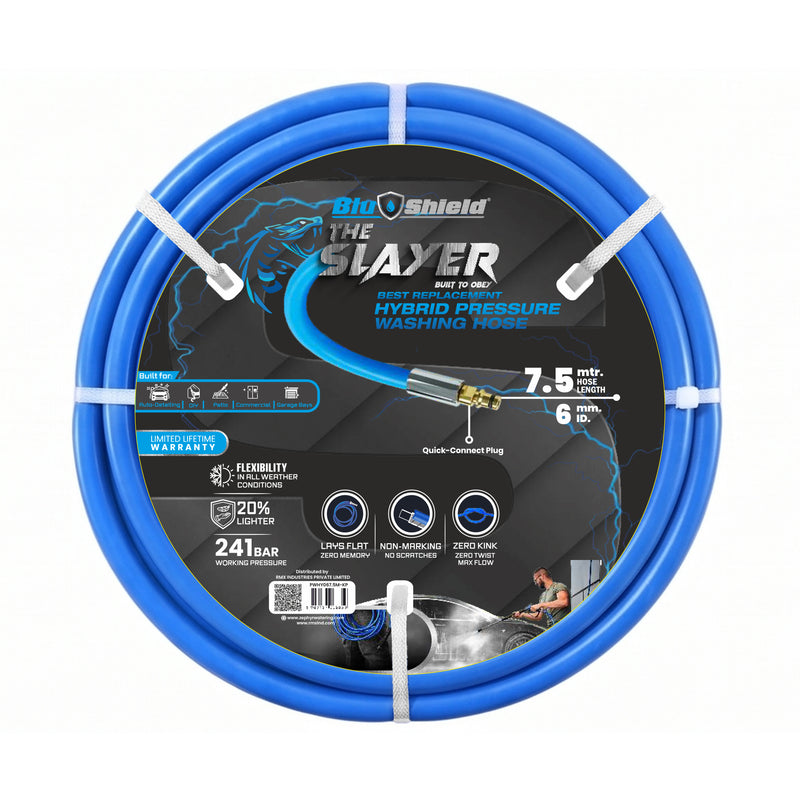 Blu Shield The Slayer Hybrid Pressure Washing Hose 6mm (1/4") x 7.5m (1/4" x 25') Blue with Quick Connect – 242 Bar, Non-Marking, Kink-Resistant