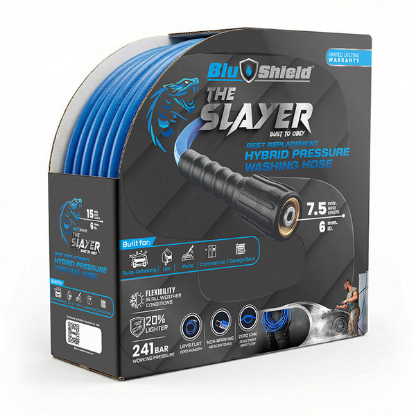 BluShield The Slayer Hybrid Pressure Washer Replacement Hose 6mm x 7.5m (1/4" x 25') with M22 Connector, 3500 PSI, Non-Marking, Kink-Resistant