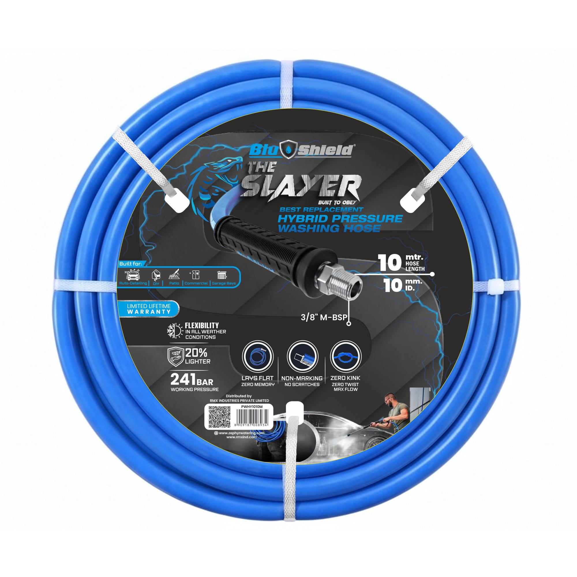 Blu Shield The Slayer Hybrid Pressure Washing Hose 10mm (3/8") x 10m Blue with 3/8" Fixed & Revolving NPT Fittings – 242 Bar, Non-Marking, Kink-Resistant