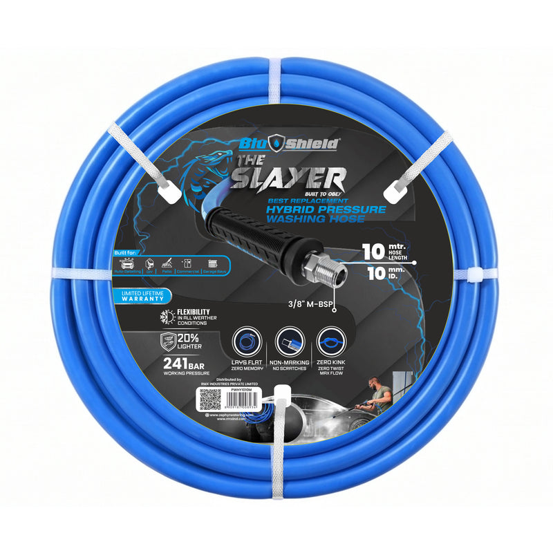 Blu Shield The Slayer Hybrid Pressure Washing Hose 10mm (3/8") x 10m Blue with 3/8" Fixed & Revolving NPT Fittings – 242 Bar, Non-Marking, Kink-Resistant