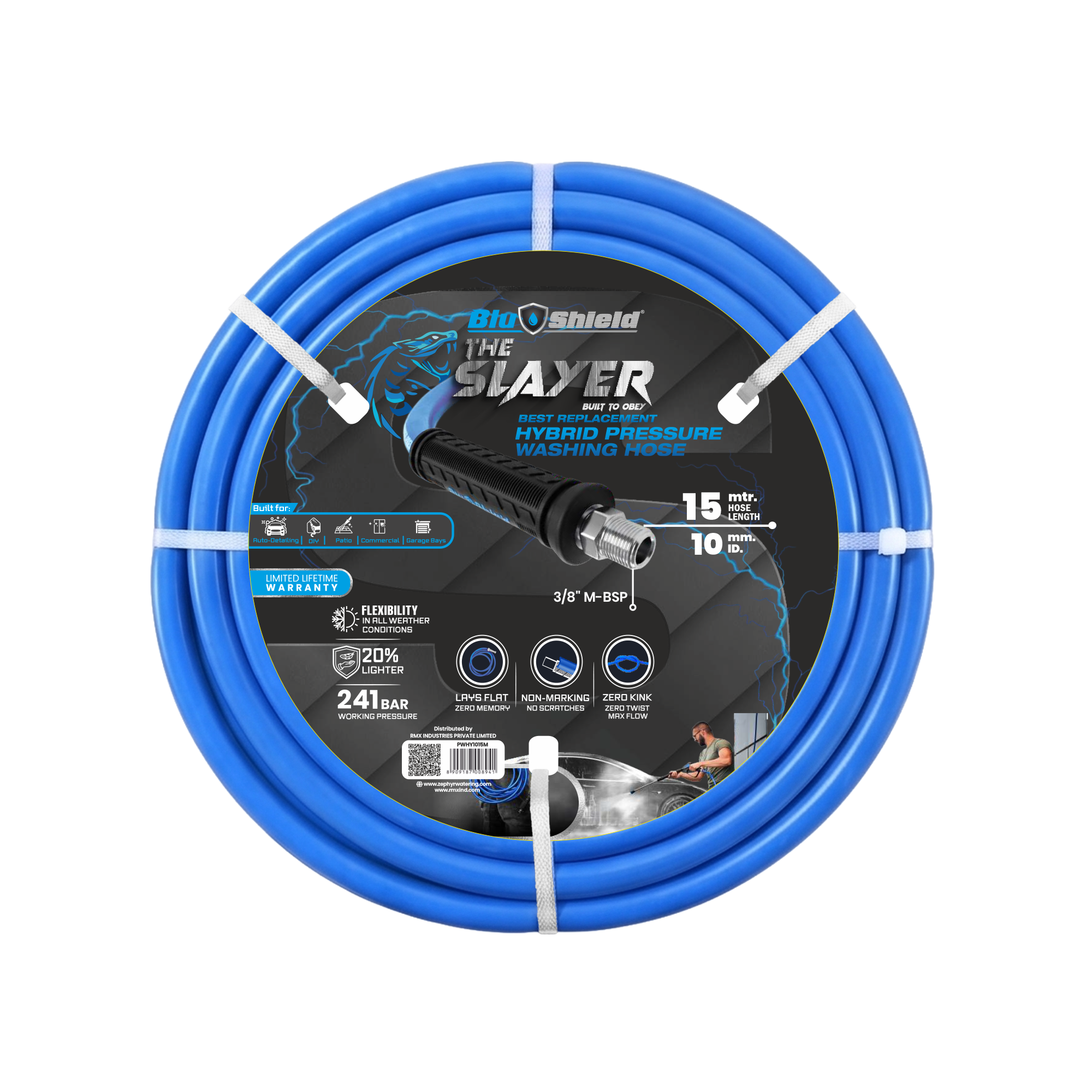 Zephyr Blu Shield The Slayer Hybrid Pressure Washer Hose 10mm (3/8") × 15 m – M22 Connectors, 242 Bar, Non-Marking, Kink-Resistant