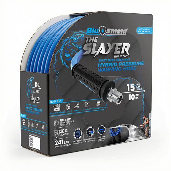 BluShield The Slayer Hybrid Pressure Washing Hose 10mm x 15m Blue with 3/8" Fixed & Revolving NPT Fittings – 3500 PSI, Non-Marking, Kink-Resistant