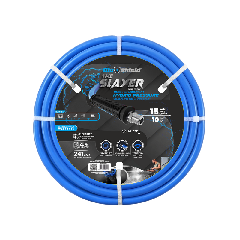 Zephyr Blu Shield The Slayer Hybrid Pressure Washer Hose 10mm (3/8") × 15 m – M22 Connectors, 242 Bar, Non-Marking, Kink-Resistant