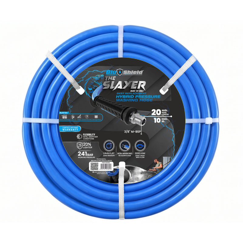 Blu Shield The Slayer Hybrid Pressure Washing Hose 10mm (3/8") x 20m Blue with 3/8" Fixed & Revolving NPT Fittings – 242 Bar, Non-Marking, Kink-Resistant