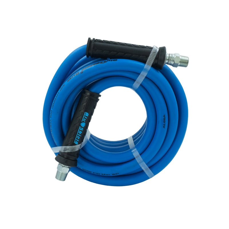 Blu Shield The Slayer Hybrid Pressure Washing Hose 10mm (3/8") x 20m Blue with 3/8" Fixed & Revolving NPT Fittings – 242 Bar, Non-Marking, Kink-Resistant