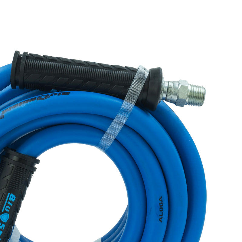Blu Shield The Slayer Hybrid Pressure Washing Hose 10mm (3/8") x 20m Blue with 3/8" Fixed & Revolving NPT Fittings – 242 Bar, Non-Marking, Kink-Resistant