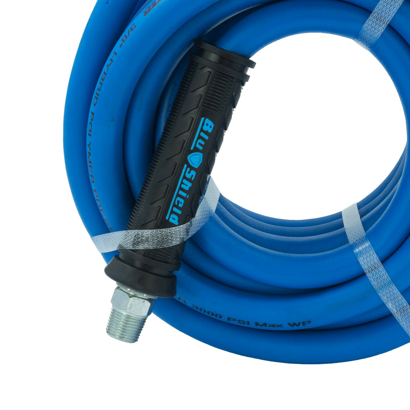 Blu Shield The Slayer Hybrid Pressure Washing Hose 10mm (3/8") x 20m Blue with 3/8" Fixed & Revolving NPT Fittings – 242 Bar, Non-Marking, Kink-Resistant