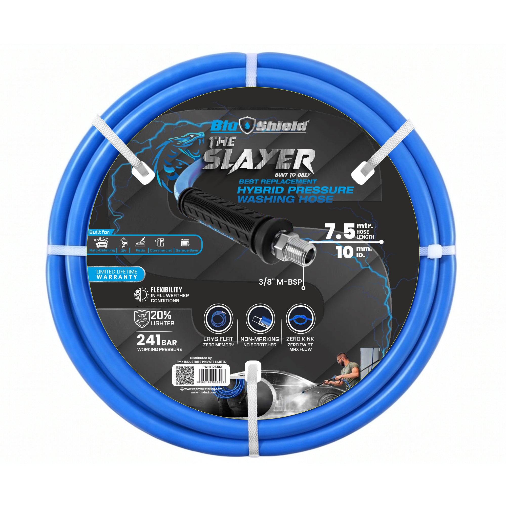 Zephyr Blu Shield The Slayer Hybrid Pressure Washer Hose 10mm (3/8") × 7.5 m – 3/8" Fixed & Revolving NPT Fittings, 242 Bar, Non-Marking, Kink-Resistant
