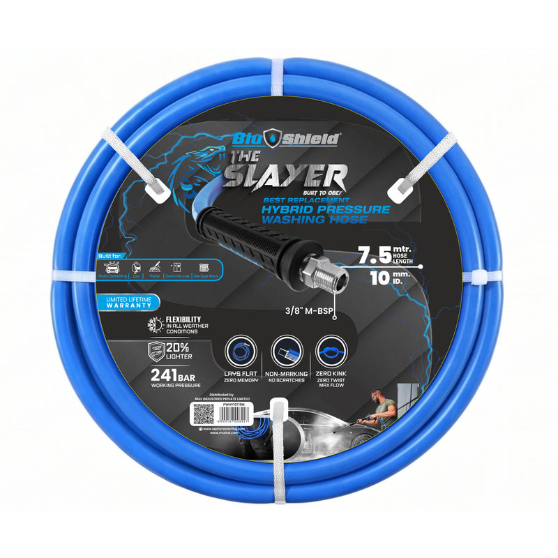Zephyr Blu Shield The Slayer Hybrid Pressure Washer Hose 10mm (3/8") × 7.5 m – 3/8" Fixed & Revolving NPT Fittings, 242 Bar, Non-Marking, Kink-Resistant