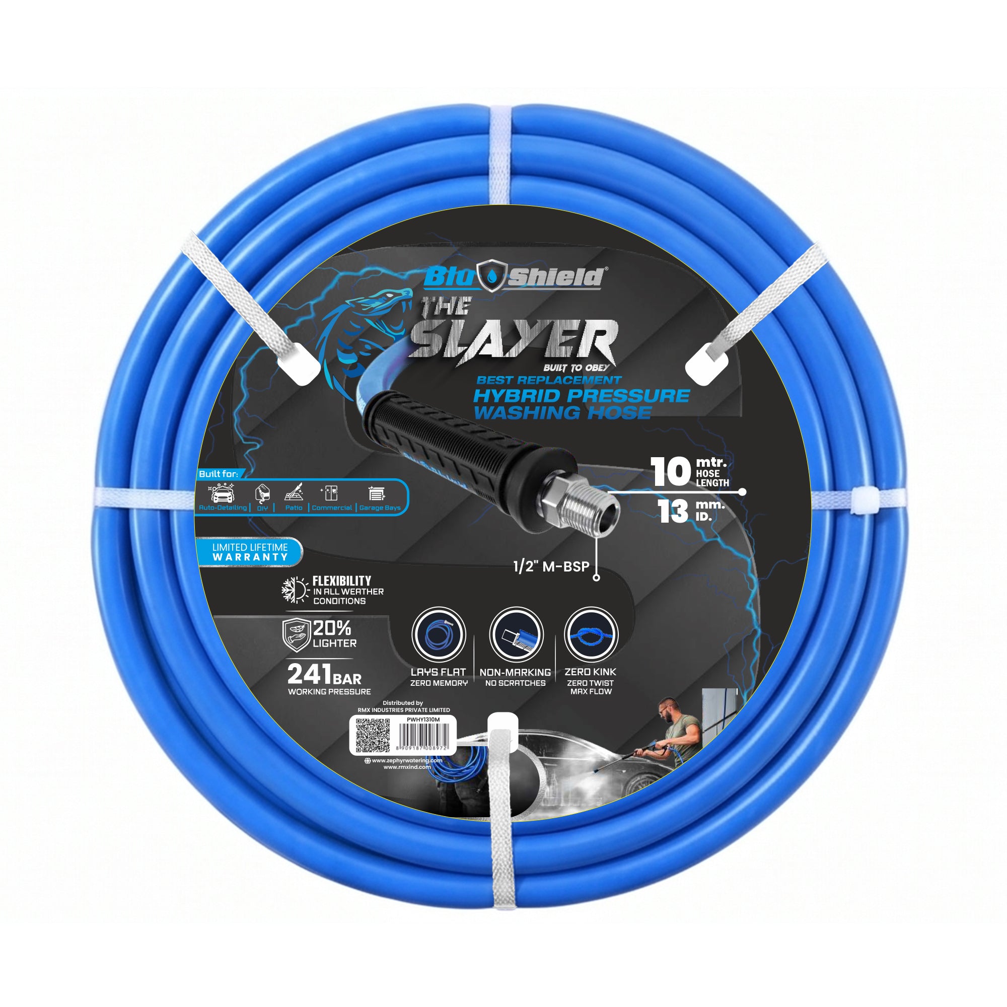 Blu Shield The Slayer Hybrid Pressure Washing Hose 13mm (1/2") x 10m Blue with 1/2" Fixed & Revolving NPT Fittings – 242 Bar, Non-Marking, Kink-Resistant