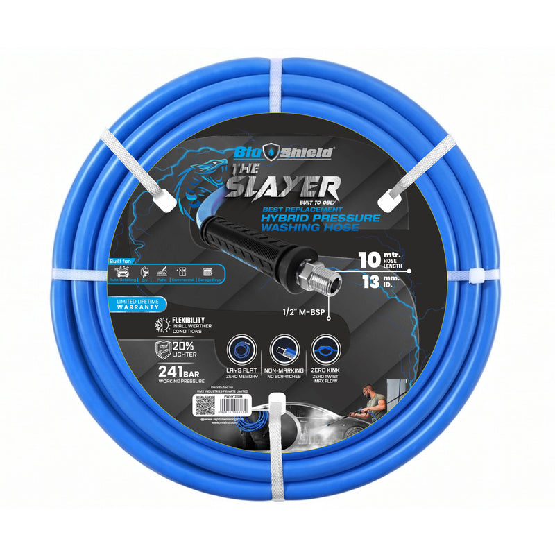 Blu Shield The Slayer Hybrid Pressure Washing Hose 13mm (1/2") x 10m Blue with 1/2" Fixed & Revolving NPT Fittings – 242 Bar, Non-Marking, Kink-Resistant