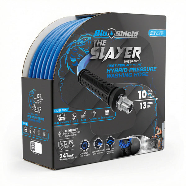 BluShield The Slayer Hybrid Pressure Washing Hose 13mm x 10m Blue with 1/2" Fixed & Revolving NPT Fittings – 3500 PSI, Non-Marking, Kink-Resistant