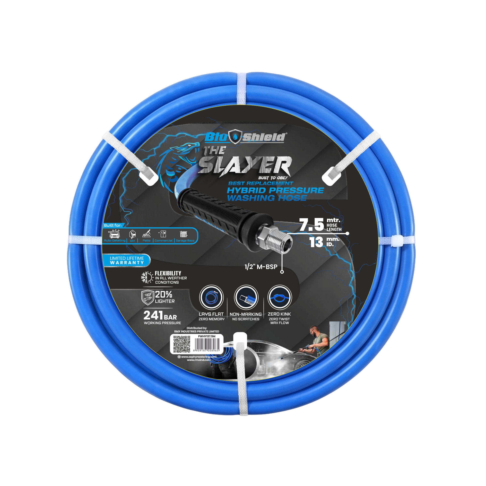 Zephyr Blu Shield The Slayer Hybrid Pressure Washer Hose 13mm (1/2") × 15 m – M22 Connectors, 242 Bar, Non-Marking, Kink-Resistant