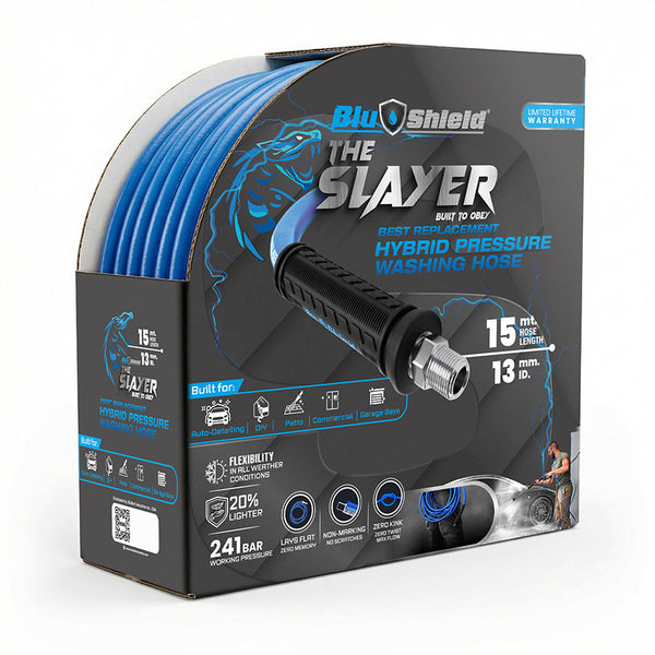 BluShield The Slayer Hybrid Pressure Washing Hose 13mm x 15m Blue with 1/2" Fixed & Revolving NPT Fittings – 3500 PSI, Non-Marking, Kink-Resistant