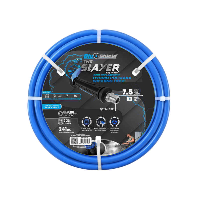 Zephyr Blu Shield The Slayer Hybrid Pressure Washer Hose 13mm (1/2") × 15 m – M22 Connectors, 242 Bar, Non-Marking, Kink-Resistant