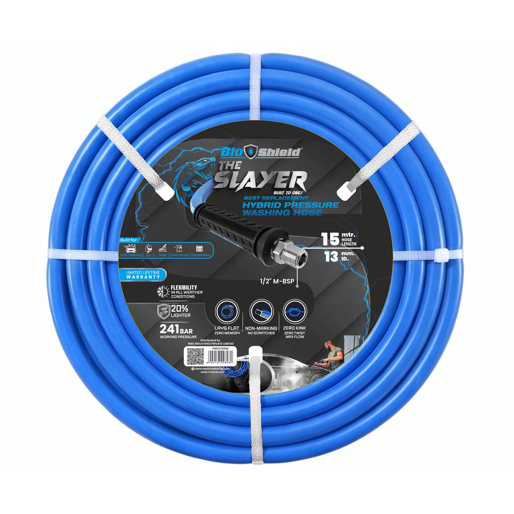 Blu Shield The Slayer Hybrid Pressure Washing Hose 13mm (1/2") x 20m Blue with 1/2" Fixed & Revolving NPT Fittings – 242 Bar, Non-Marking, Kink-Resistant