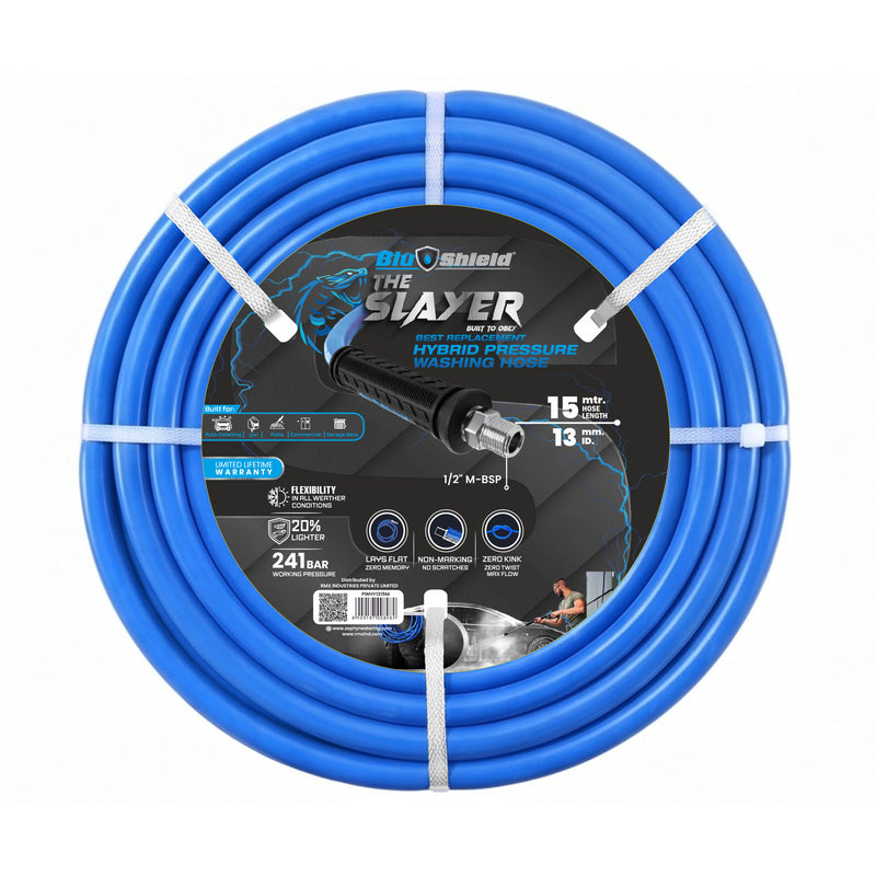 Blu Shield The Slayer Hybrid Pressure Washing Hose 13mm (1/2") x 20m Blue with 1/2" Fixed & Revolving NPT Fittings – 242 Bar, Non-Marking, Kink-Resistant