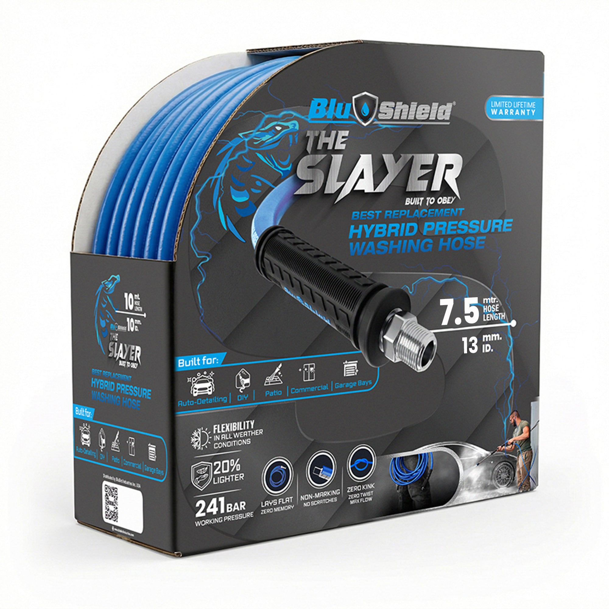 Zephyr Blu Shield The Slayer Hybrid Pressure Washer Hose 13mm (1/2") × 7.5 m – 1/2" Fixed & Revolving NPT Fittings, 242 Bar, Non-Marking, Kink-Resistant