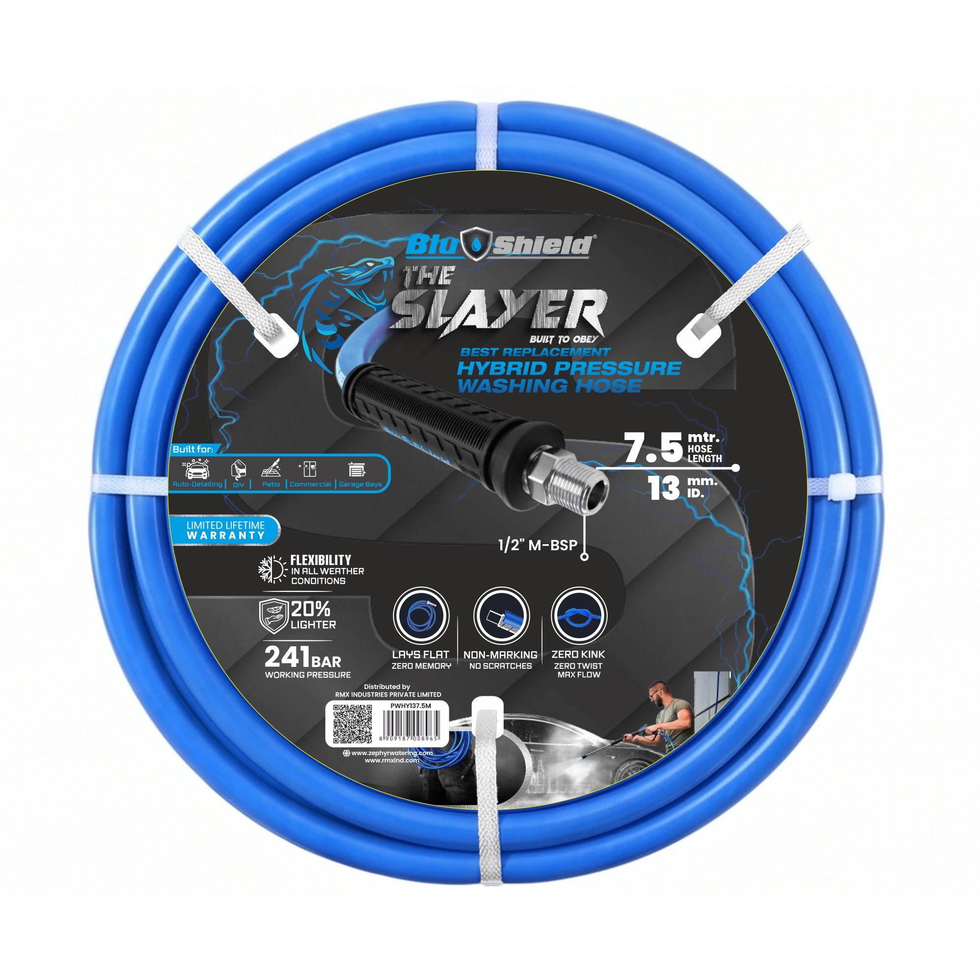 Zephyr Blu Shield The Slayer Hybrid Pressure Washer Hose 13mm (1/2") × 7.5 m – 1/2" Fixed & Revolving NPT Fittings, 242 Bar, Non-Marking, Kink-Resistant