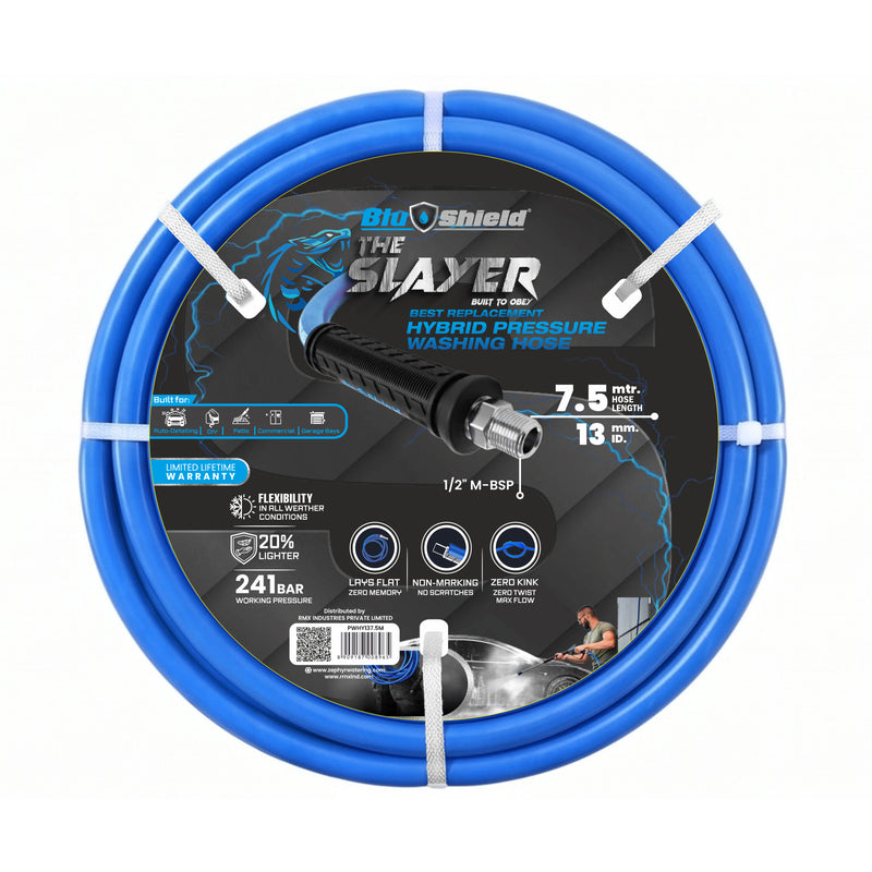 Zephyr Blu Shield The Slayer Hybrid Pressure Washer Hose 13mm (1/2") × 7.5 m – 1/2" Fixed & Revolving NPT Fittings, 242 Bar, Non-Marking, Kink-Resistant