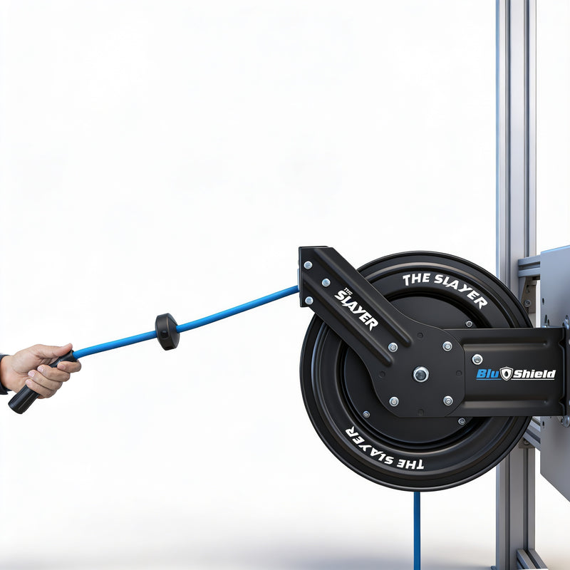 Blu Shield The Slayer Hybrid Pressure Washing Hose Reel 10mm (3/8") x 20m Blue – Dual Arm Auto Retractable Wall Mount Reel with 3/8" Fixed & Revolving Fittings, 242 Bar, Non-Marking, Kink-Resistant